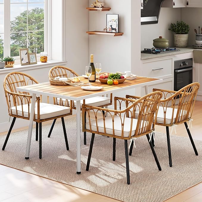 YITAHOME Outdoor Patio Dining Set 5pcs 59" Outdoor Table and Chairs Patio Dining Furniture Sets for 4/6 with Umbrella Hole Outdoor Dining Table Set for Garden Lawn Porch Indoor Beige