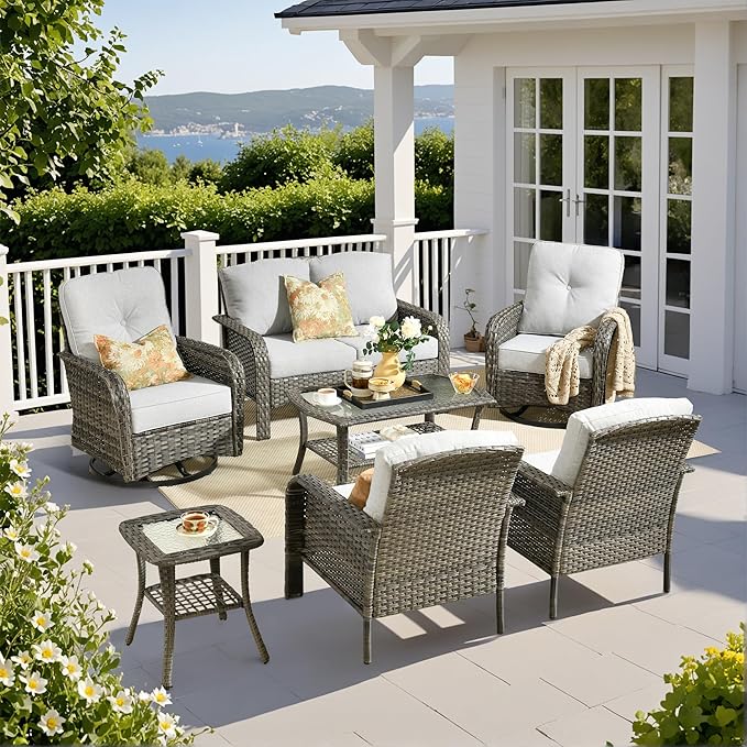 Weaxty 7 Pieces Patio Furniture Set,Wicker Outdoor Swivel Rocking Chairs,Rattan Loveseat Couch,Coffee Table,Patio Sofa Conversation Sets for Deck Backyard Porch Poolside, Light Gray