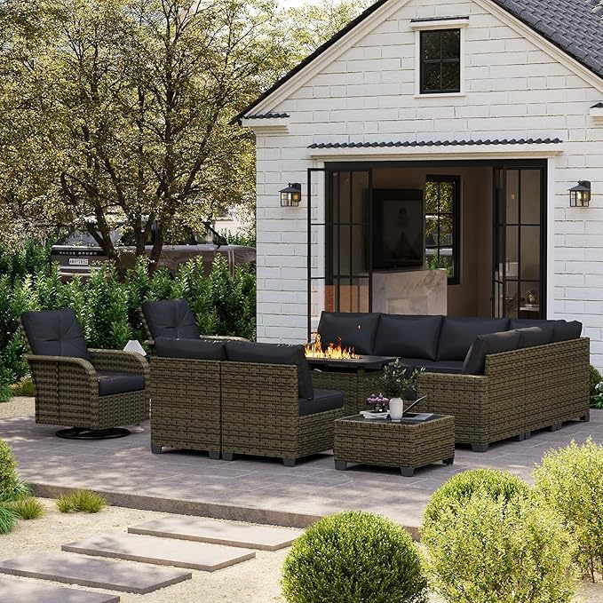 LazySunsets Luxury Patio Furniture Set with Fire Pit Table，All-Weather Patio Sectional Sofas with Thickened Cushions, 13 Piece Outdoor Furniture Sectional Set with Swivel Rocker Chairs of 2，Black