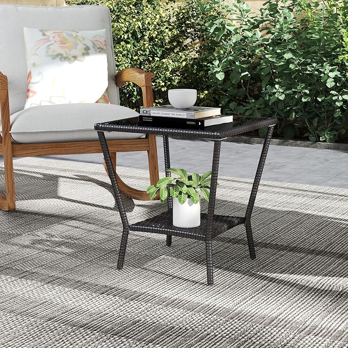 Outdoor Small Patio Table - PE Rattan Coffee Table, Wicker Side Table for Patio, Balcony & Porch, Durable & Iron Frame (1, Black Brown)