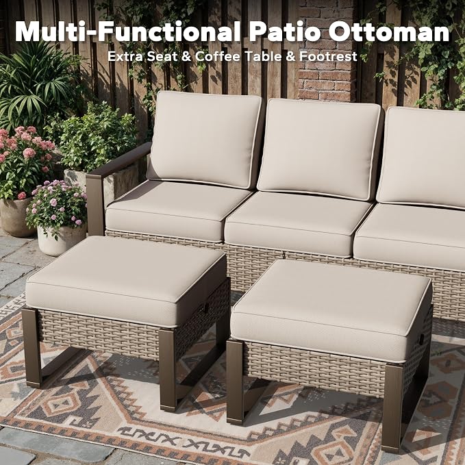 Joyside Outdoor Patio Sofa, 4 Pieces Wicker Rattan Furniture Set, 1 Patio Couch and 2 Ottoman, Metal Wide Armrest, Thick Cushions and Deep Seating for Garden, Backyard, Porch, Deck