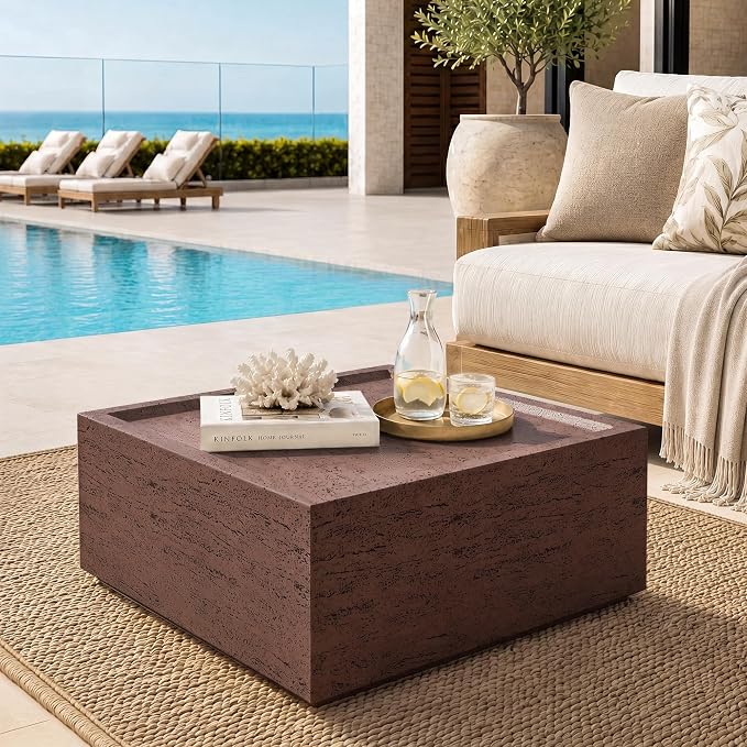 UPHA 28" Square Outdoor Coffee Table, Modern Hollow Concrete Patio Table, Small Minimalist Low Accent Table for Living Room, Balcony, Deck, Backyard, Rust Red