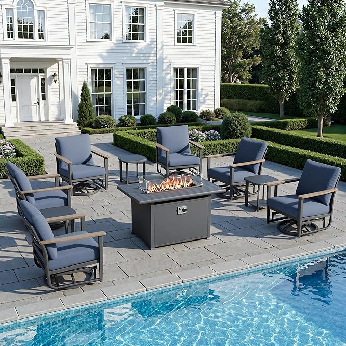 10Pcs Aluminum Patio Rocking Swivel Chair with 55,000 BTU Fire Pit Table Outdoor Bistro Set with Coffee Table, Patio Furniture Set with High Backrest & Thickened Cushions, Navy Blue