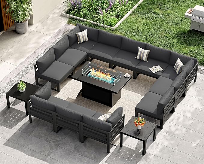 NICESOUL 15 Pcs Extra Large Aluminum Patio Furniture Set with Fire Pit Table & Coffee Table, 500 lbs Durable Outdoor Sectional Set for Heavy People, Outside Conversation Set for Backyard, Dark Gray