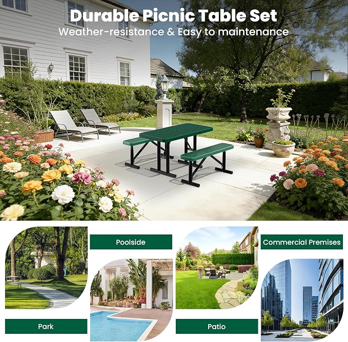 4FT Metal Picnic Tables for Outdoors, Commercial Rectangular Picnic Table for Outside, Park, Campfield, Patio, Garden, Yard, Thermoplastic Coating, Surface Mounted, Green