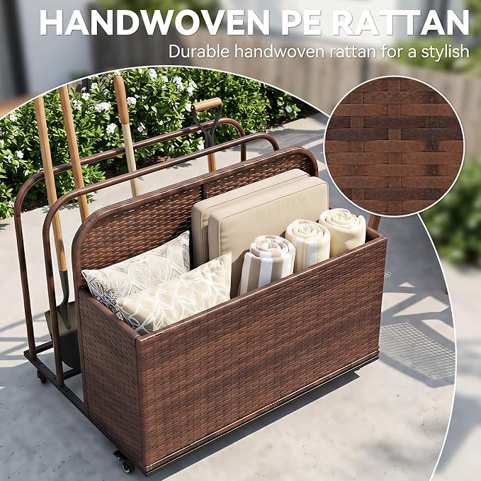 Rattan Outdoor Pool Float Storage Basket, Rolling Toy Caddy with Wheels, Patio Furniture Organizer Wicker Box Pool Storage Bin for Floaties, Noodles, Life Vests, Beach Balls