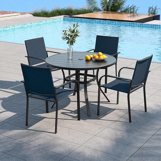 Anmutig Outdoor Patio Chairs and Table Set for 4 Person with 41" Round Dining Table and Stackable Navy Blue Chairs