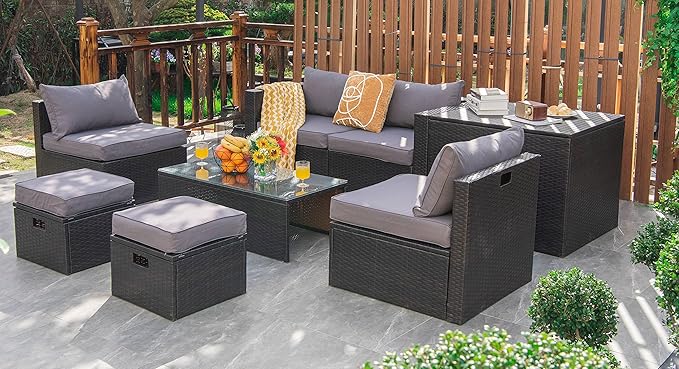 Tangkula 8 Piece Patio Furniture Set, Patiojoy Outdoor Space Saving PE Rattan Sectional Sofa Set for 6 with Waterproof Cover, for Garden, Deck, Poolside and Balcony (Grey)