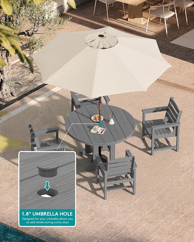 SERWALL 6-Piece Patio Dining Sets, HDPE Outdoor Table and Chairs Furniture Set with Umbrella, 45" Round Dining Table & 4 Dining Chairs & 1 9FT Umbrella, Gray(Not Include Umbrella Base)
