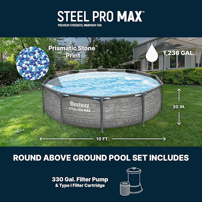 Bestway Steel Pro MAX 10' x 30" Above Ground Pool, Round Metal Frame Outdoor Swimming Pool Set with Filter Pump, Stacked Stone Print