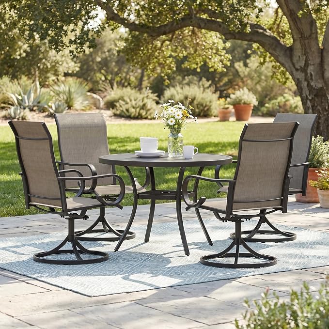 5 Pieces Patio Dining Set, 4 Outdoor Swivel Dining Chairs with 40.6" Round Metal Outdoor Dining Table with Umbrella Hole for Garden Backyard Deck, Mixed Brown & Black