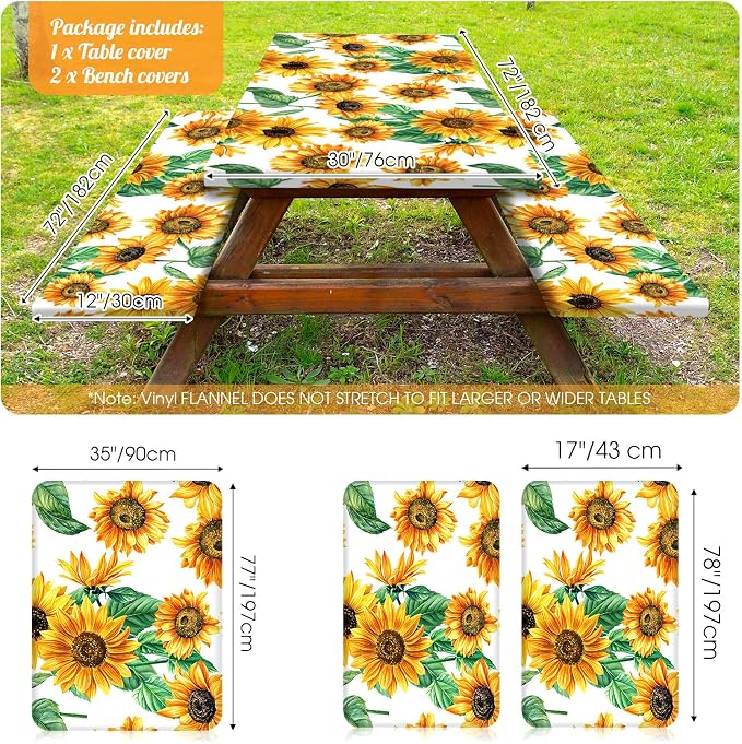 Boao 3 Pcs Vinyl Picnic Table Cover with Bench Cover 6 ft 30 x 72 Inch Waterproof Fitted Tablecloth Flannel Backing Rectangular Elastic Edged for Camping Outdoor Patio Travel(Sunflower)