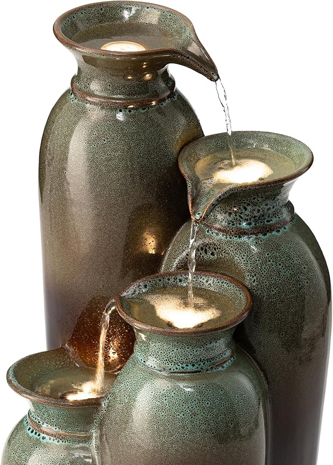 Glitzhome 30.75" H Ceramic Outdoor Water Fountain, 4-Tiered Vase Outdoor Floor Fountain with LED Lights and Pump, Olive Green and Brown Reactive Glaze, Cascading Waterfall for Garden, Patio