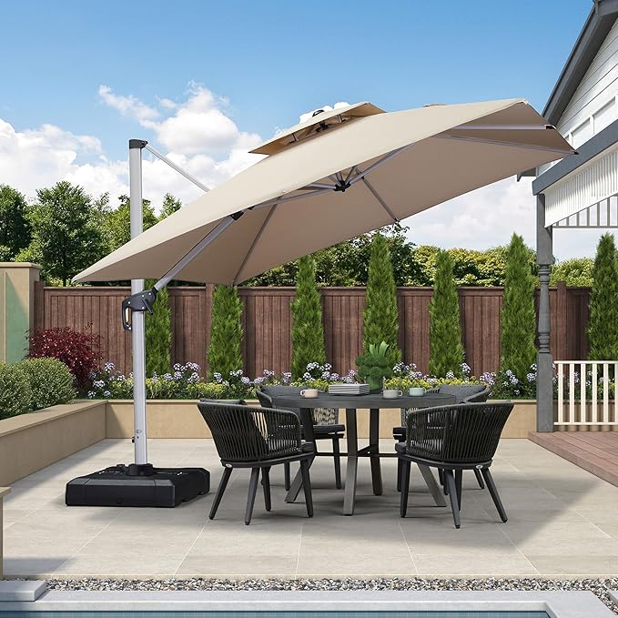 PURPLE LEAF 10ft Patio Umbrella Outdoor Square Large Cantilever Windproof Offset and Heavy Duty Sun Umbrella for Garden Deck Pool, Beige