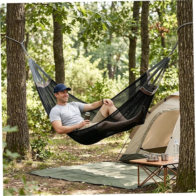 Camping Hammock Lightweight Portable, Anti-roll Breathable Mesh Outdoor Hammock with Tree Straps & Carry Bag, Black (102.36x51.18in)