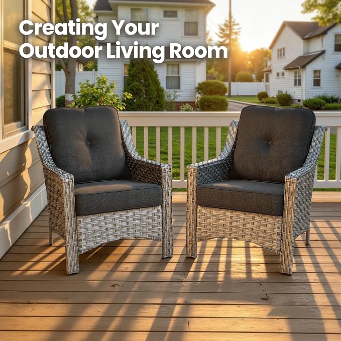 2 Piece Patio Furniture Set, Outdoor Wicker Chairs Set of 2 with Thick Cushion, Heavy Duty High Back Comfortable Chair for Small Balcony Porch Garden, Black