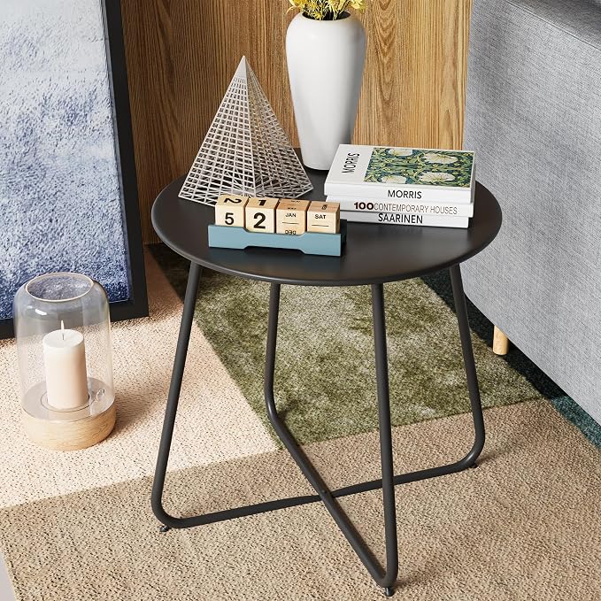 LAUSAINT HOME 18" Outdoor Side Table, 1 Pack Small Round Patio Table with Adjustable Footpads, Powder Coated Steel Coffee Table for Patio, Balcony, Porch and Garden, Black