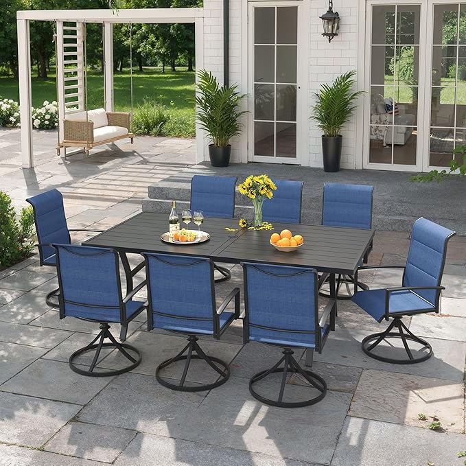 VICLLAX 9 Pieces Outdoor Dining Set, Patio Furniture Set Includes 70" Rectangular Metal Table W/ 1.9" Umbrella Hole and 8 Padded Textilene Swivel Chairs for Porch, Lawn, Garden, Backyard