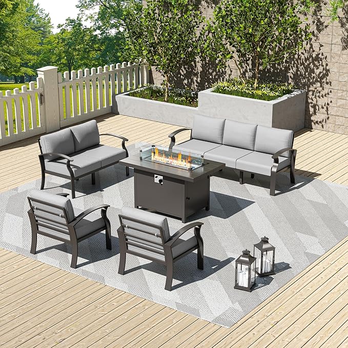 Kullavik Aluminum Patio Furniture Set with Propane Fire Pit Table,7-seat Metal Outdoor Furniture Patio Conversation Set w/5.1" Cushions for Patio,Backyard,Poolside-Grey