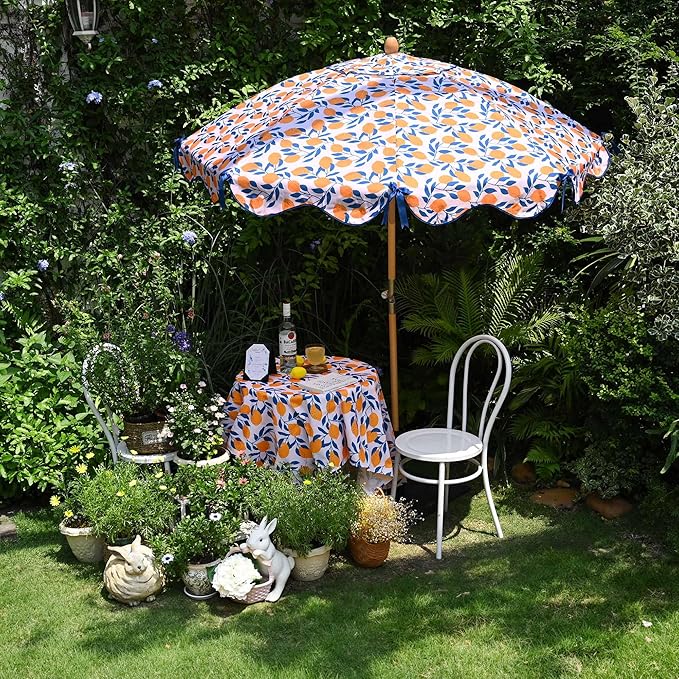 LAGarden Fringe Patio Umbrella with Carry Bag & Cover Vintage Wood for Event Outdoor Garden Yard Wedding Bistro Table