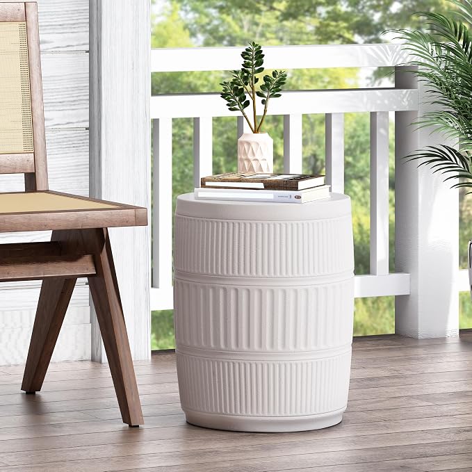 Outdoor Side Table 15" Cylindrical Shape Lightweight Concrete-Look Outdoor Indoor Accent Table Decorative Garden Stools, for Patio Porch Living Room, White