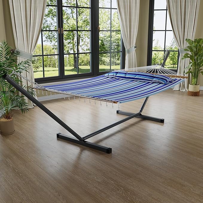 Garvee 57" Double Hammock with Heavy Duty Stand – 2 Person Hammock, Widening Cotton Fabric Design, 450 LB Capacity for Indoor & Outdoor Use (Blue)