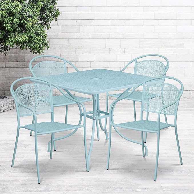 Flash Furniture Oia Commercial Grade 35.5" Square Sky Blue Indoor-Outdoor Steel Patio Table Set with 4 Round Back Chairs