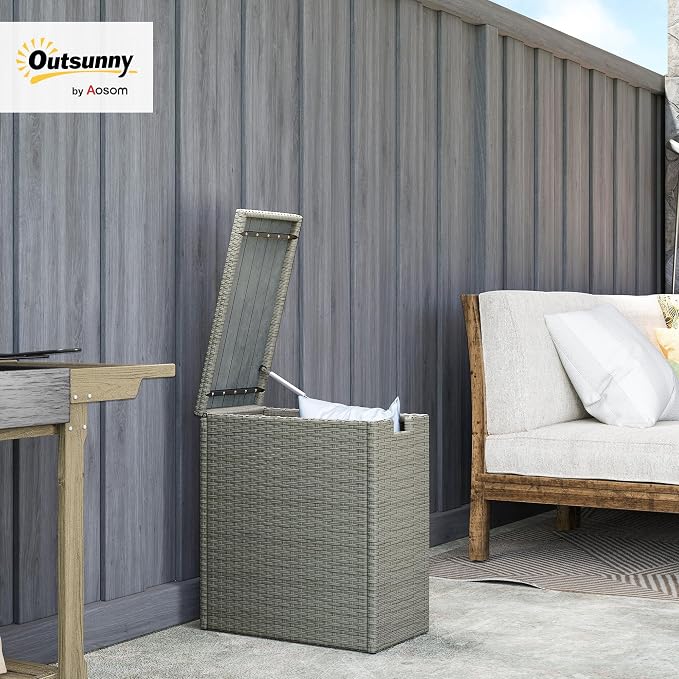 Outsunny 17 Gallon Wicker Small Deck Box, PE Rattan Outdoor Storage Box with Slatted Acacia Wood Flip Top for Indoor, Patio Furniture Cushions, Pool Supplies, Garden Tools, UV Resistant, Gray