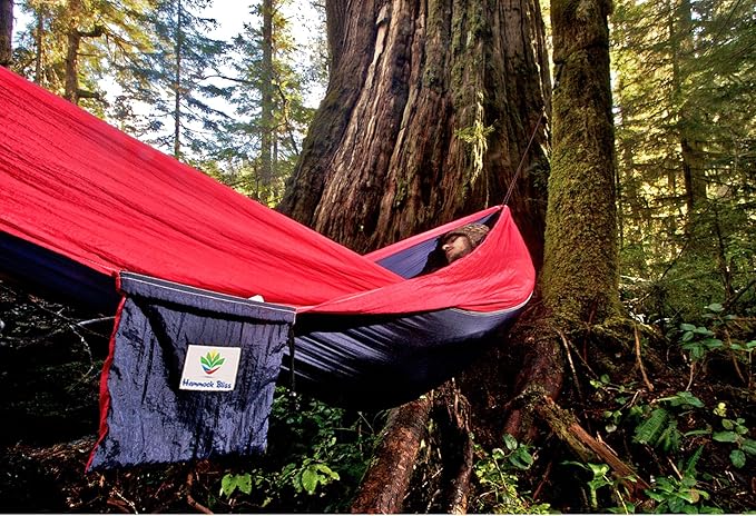 Hammock Bliss Single - Camping Hammock - Camping Essentials, Portable Hammock - The Longest Single Hammock On Earth for Outside, Hiking, and Travel (Navy/Red)