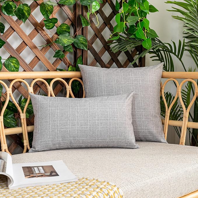 Kevin Textile Outdoor Waterproof 22”x22” Pillow Covers 2 Pack, Grey | Water Resistant, Soft Faux Linen-cotton Yarn-dyed Woven Texture Throw Pillow Covers for Tent Patio Garden Couch Sofa
