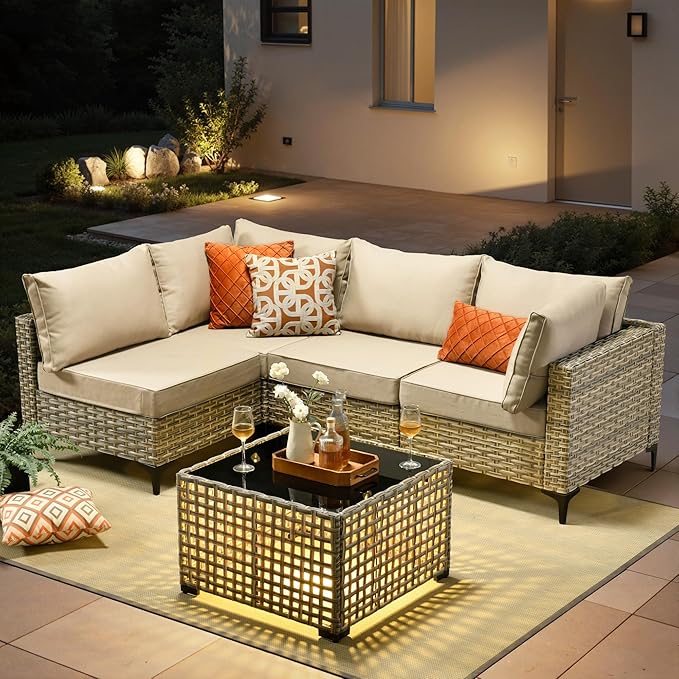 5 Pieces Patio Furniture Set with Solar Light Coffee Table, All-Weather Rattan Outdoor Sectional Conversation Sets L Shaped Sofas for Outside Porch Balcony Backyard Beige