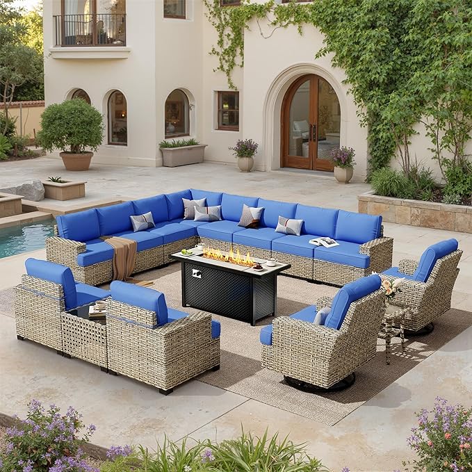 HOOOWOOO Sectional Patio Furniture Set with Fire Pit Table,15 Pieces Wicker Outdoor Furniture L Shaped Couch,Outside Conversation Set Extra Deep Seat Sofa Wide Arm Swivel Chairs Solar Light,Navy Blue