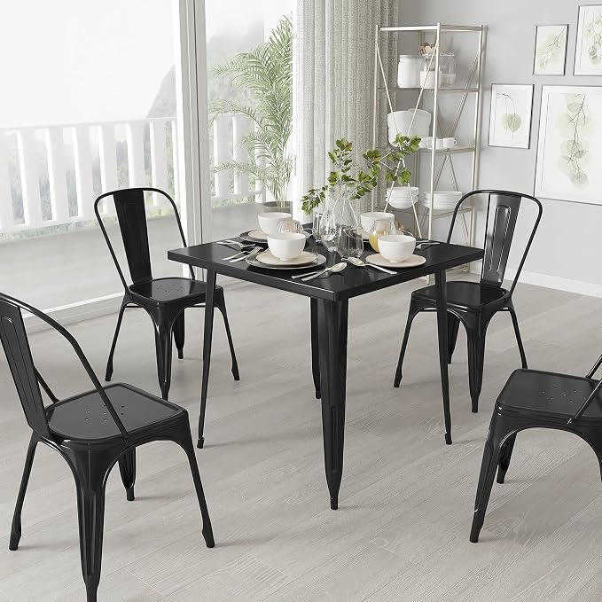 Merrick Lane Nash Indoor-Outdoor Dining Table Only- Black Powder Coated Finish - 31.5" Square Top - 27.25" Wide Base - Bracing for Added Stability