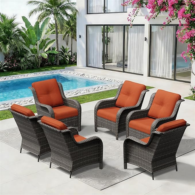 6 Piece Outdoor Wicker Patio Furniture Set, Patio Chairs Set with Thickened Olefin Cushions, High Back and Deep Seating, Hand-Woven PE Rattan for Porch, Deck