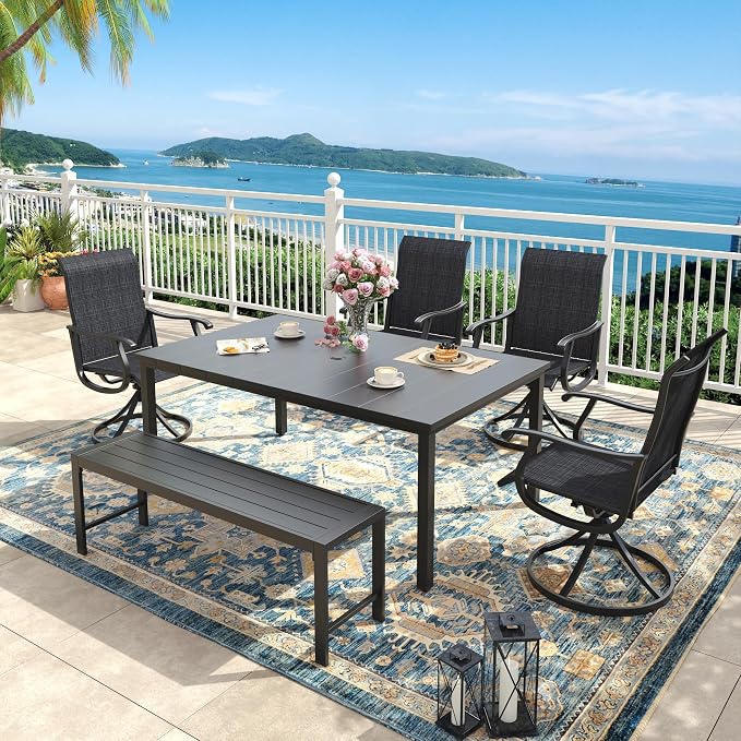 6 Pieces Outdoor Dining Set, Patio Table and Chairs Set with 51" Garden Bench for 6-7 People, 63" Outdoor Dining Table and Swivel Patio Chairs for Deck Backyard, Charcoal and Black