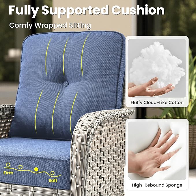 ovios 8-Piece Patio Furniture Set with L-Shape Sofa Chaise, Outdoor Sectional Couch Swivel Gliders Fire Pit Table, Modern Modular Wicker Rattan Conversation Set, Denim Blue