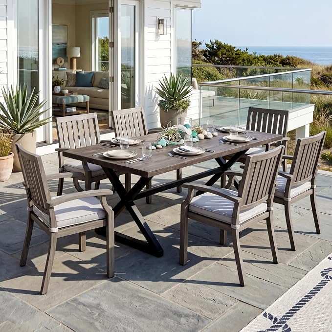 7 PCS Indoor Outdoor Patio Dining Furniture Set, Rectangular Wood Grain Pattern Table, 6 Aluminum Frame Chairs with Removable Thick Cushions, Ideal for Home, Apartment, Courtyard, Lawn, Poolside,Brown