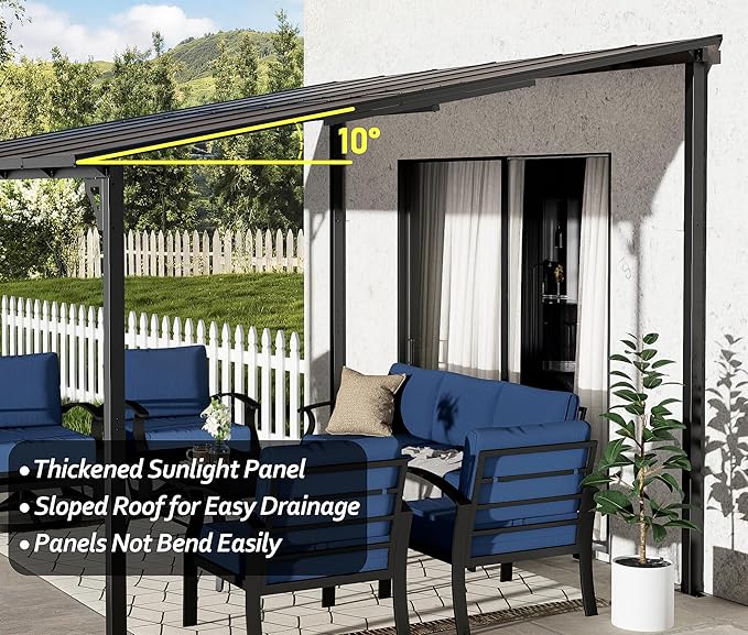 10' x 12' Lean to Gazeb,Hardtop Galvanized Steel Pergola with Sloped Polycarbonate Roof,Wall Mounted Gazebo Patio Canopy with Ground Anchor for Backyard Deck