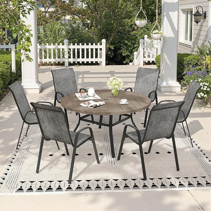 7 Pieces Outdoor Dining Set, 47.3" Spliced Patio Table with Umbrella Hole & Stackable Outdoor Dining Chairs, Patio Furniture Set for Deck Garden Porch, Grey Chairs & Grey Table
