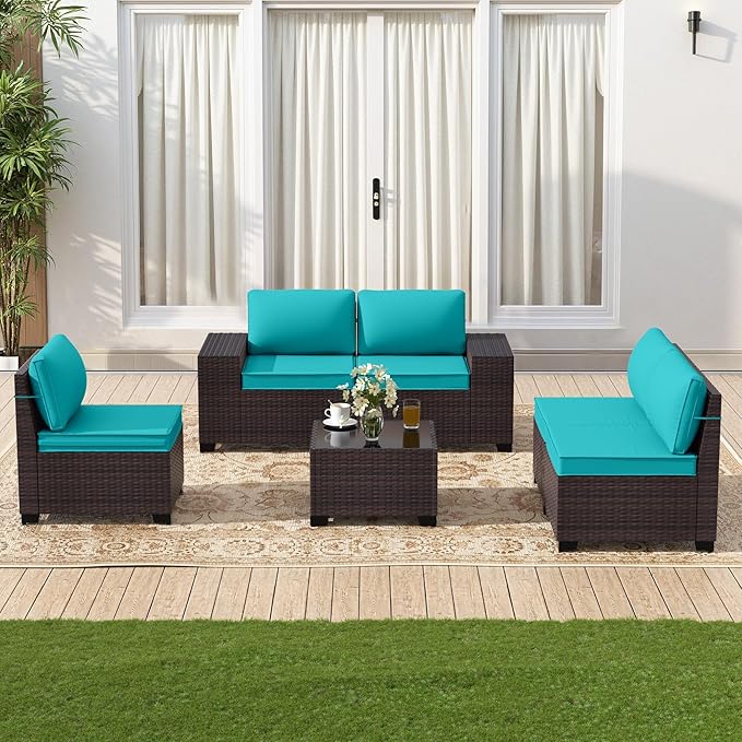 Gotland 6 Pieces Patio Furniture Set with 1 Coffee Table, 5 Seater Rattan Outdoor Sectional with Wide Armrests 29.5'' High Backrest Thick Cushions, Conversation Sets for Deck Garden Greenblue