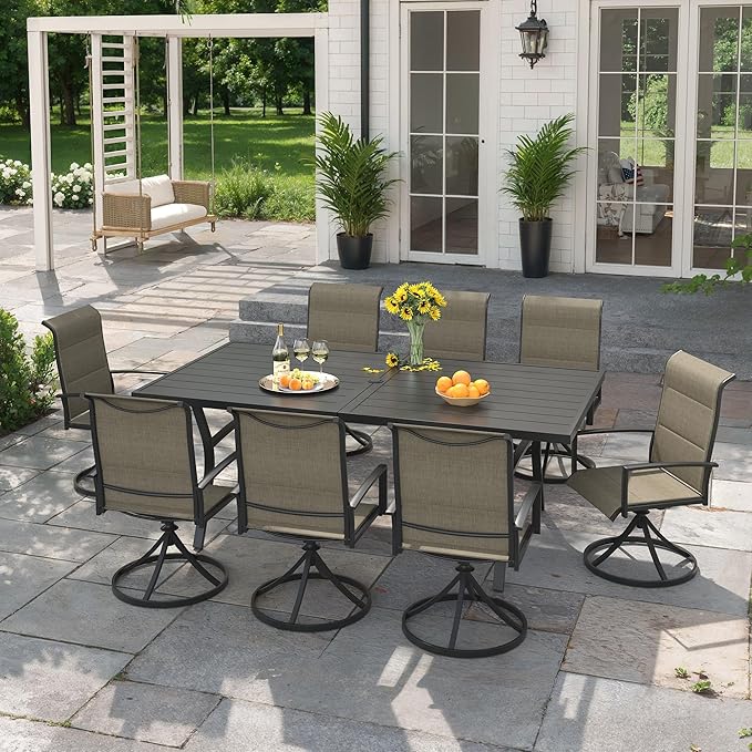 VICLLAX 9 Pieces Outdoor Dining Set, Patio Furniture Set Includes 70" Rectangular Metal Table W/ 1.9" Umbrella Hole and 8 Padded Textilene Swivel Chairs for Porch, Lawn, Garden, Backyard