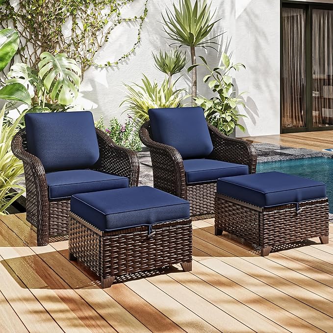 4 Pieces Patio Outdoor Conversation Furniture Set with Cushions, All-Weather Wicker Ottomans, PE Rattan 2 Chairs for Backyard, Deck, Lawn (Navy Blue)