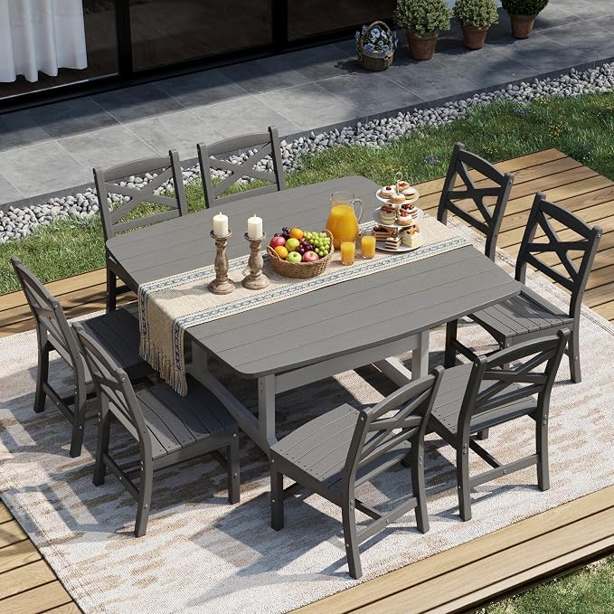 All Weather Patio Dining Table Set for 8, HDPE Heavy Duty Outdoor Rectangular Table & 8 Chairs, 9PCS Outdoor Furniture Set for Patio Garden Lawn, White and Grey