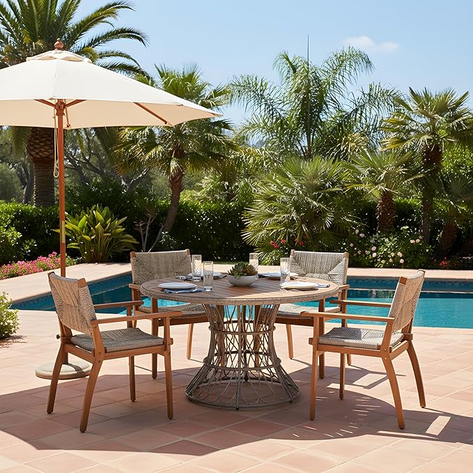 Merax 5-Piece Outdoor Dining Set, 47.24'' Round Acacia Wood Table & 4 Wicker Armchairs, Patio Furniture Set for Garden Balcony Deck, Brown Finish
