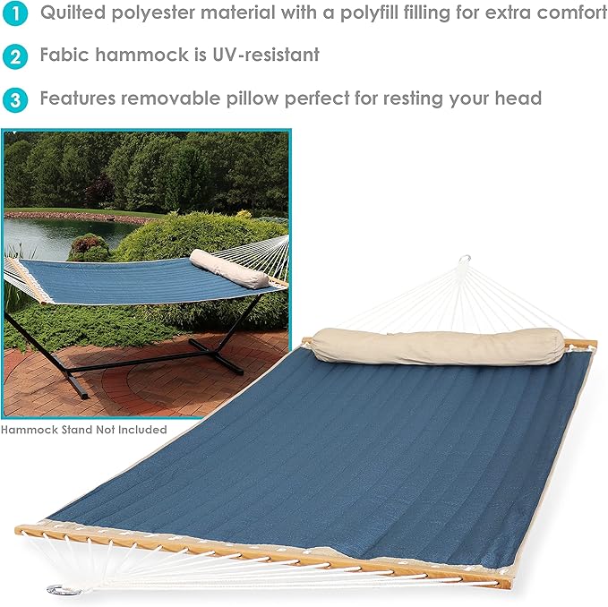 Sunnydaze Double Quilted Polyester Hammock with Detachable Pillow - 440-Pound Capacity - Tidal Wave