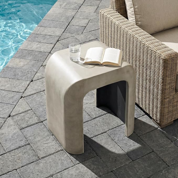 HOMPUS Outdoor Side Table w U-Shaped, Concrete Side Table Lightweight, Round Patio MgO Coffee End Table, Modern Accent Vintage Garden Stand for Indoor Outdoor Use, Grey