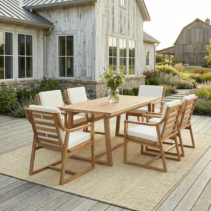 Merax 7-Piece Patio Dining Set, Acacia Wood Rectangular Dining Table and Chairs Set with Cushions, Outdoor Furniture Set for Backyard, Garden, Poolside,Light Teak
