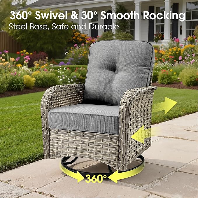 Rattan Patio Furniture Set with Swivel Chairs,6 Pieces Outdoor Sectional with Glowing Coffee Table,Out Door Furniture Conversation Set,Dark Grey