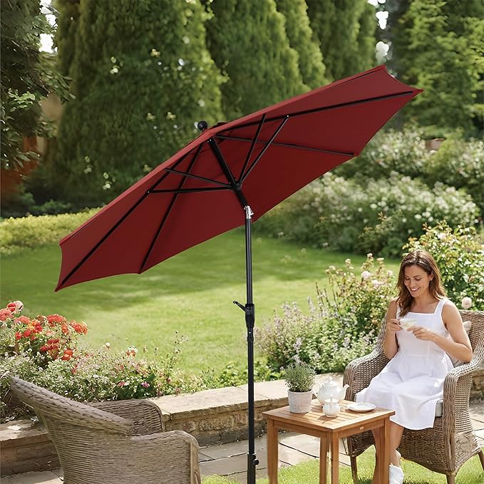 9FT Outdoor Patio Umbrella with Crank Lift & Auto Tilt - Market Umbrella, 8 Heavy-Duty Ribs, UV Resistant & Water-Repellent for Garden, Deck, Poolside & Backyard