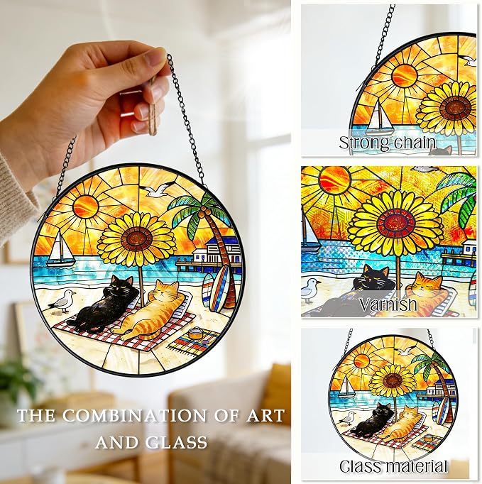 Cat Stained Glass Suncatcher Window, Cat Sun Catchers Indoor Window, Suncatcher for Mom/Women (Black & Orange)